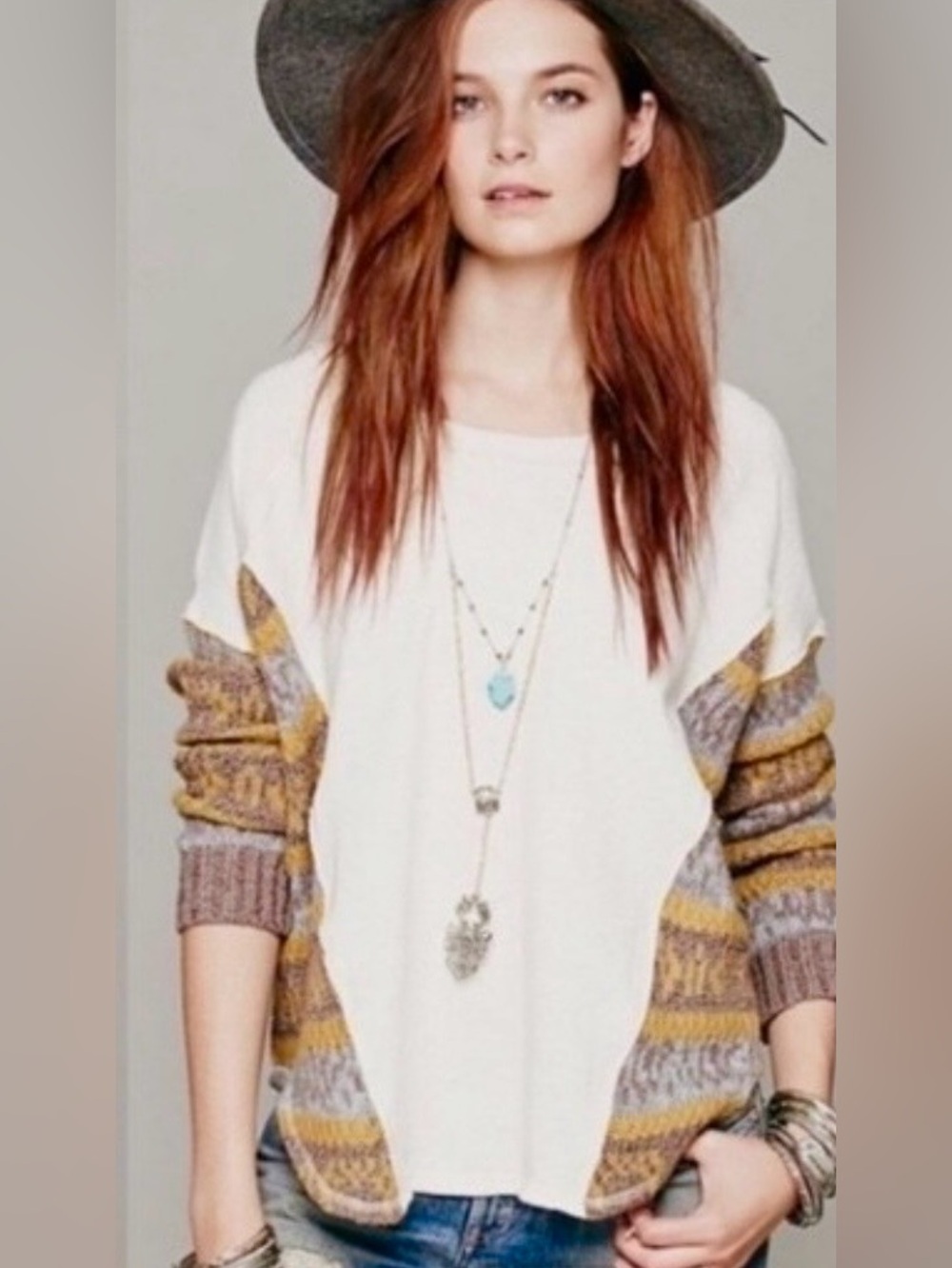 Free People Beautiful Sinner Pullover Sweatshirt Ivory Gold Gray Sweater Knit M